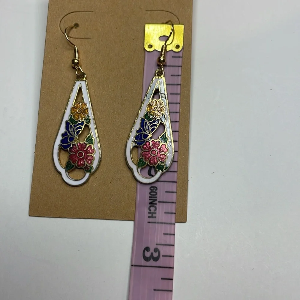 White Gold Tone Floral Cut Out Cloisonné Enamel Dangle Earrings (CPD45) - Picture 6 of 7